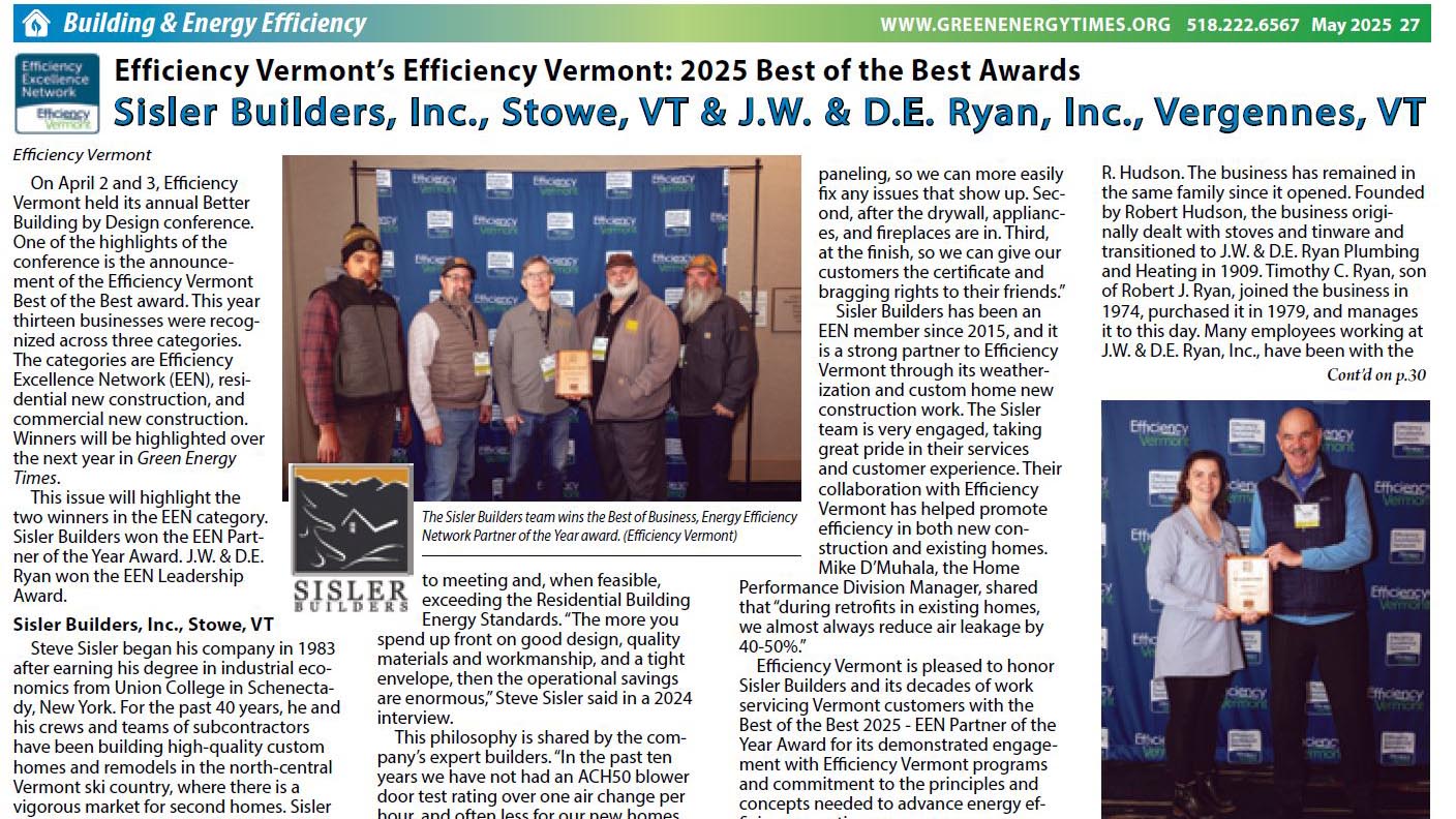 Green Energy Times publishes the winners of Efficiency Vermont’s Best of the Best Awards.